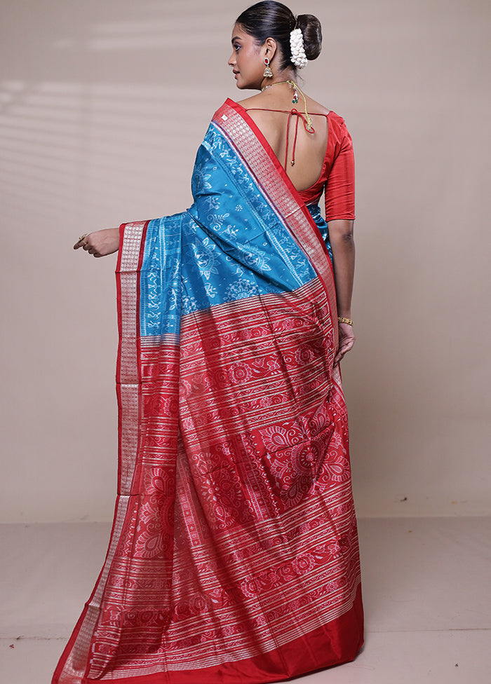 Blue Handloom Bomkai Pure Silk Saree With Blouse Piece