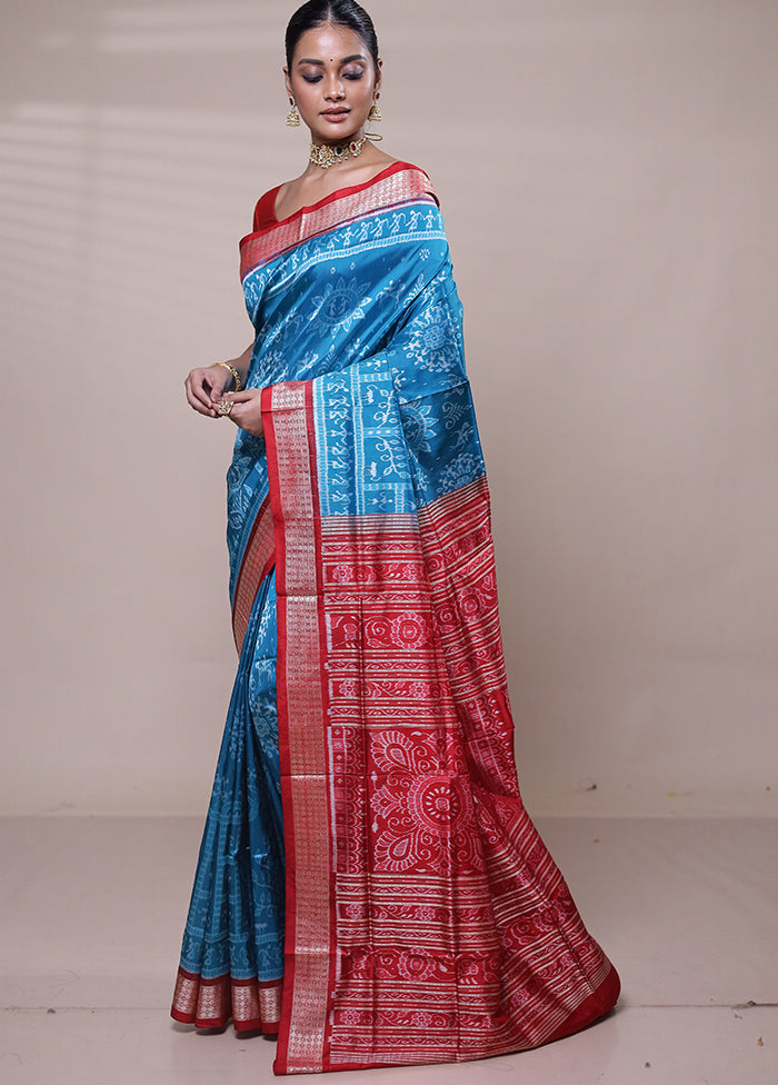 Blue Handloom Bomkai Pure Silk Saree With Blouse Piece