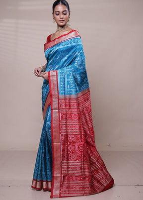 Blue Handloom Bomkai Pure Silk Saree With Blouse Piece