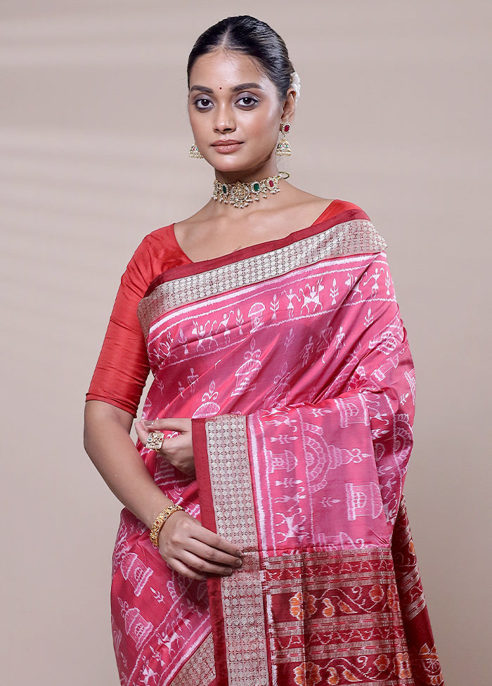 Pink Handloom Bomkai Pure Silk Saree With Blouse Piece
