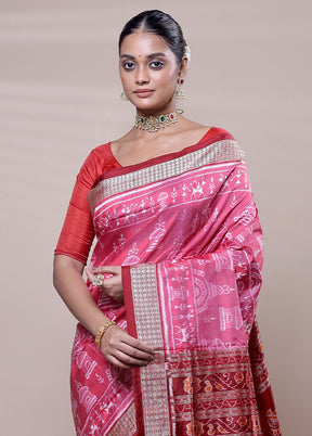 Pink Handloom Bomkai Pure Silk Saree With Blouse Piece