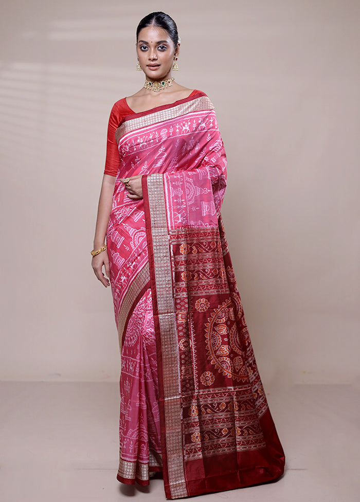 Pink Handloom Bomkai Pure Silk Saree With Blouse Piece