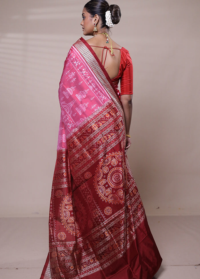 Pink Handloom Bomkai Pure Silk Saree With Blouse Piece