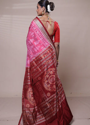 Pink Handloom Bomkai Pure Silk Saree With Blouse Piece