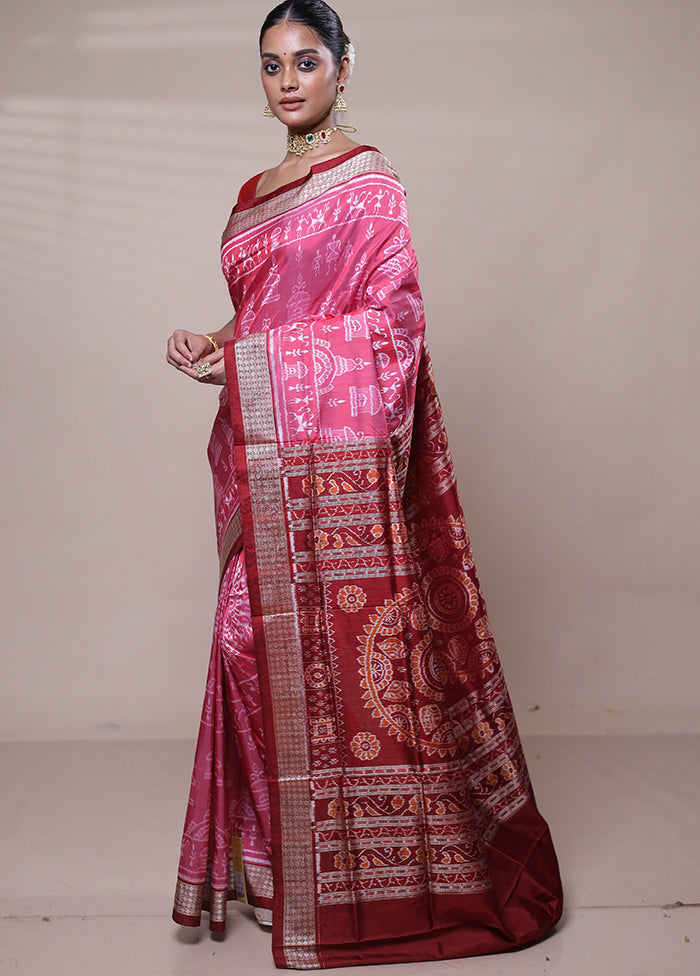 Pink Handloom Bomkai Pure Silk Saree With Blouse Piece