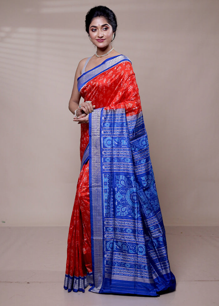 Red Handloom Bomkai Pure Silk Saree With Blouse Piece