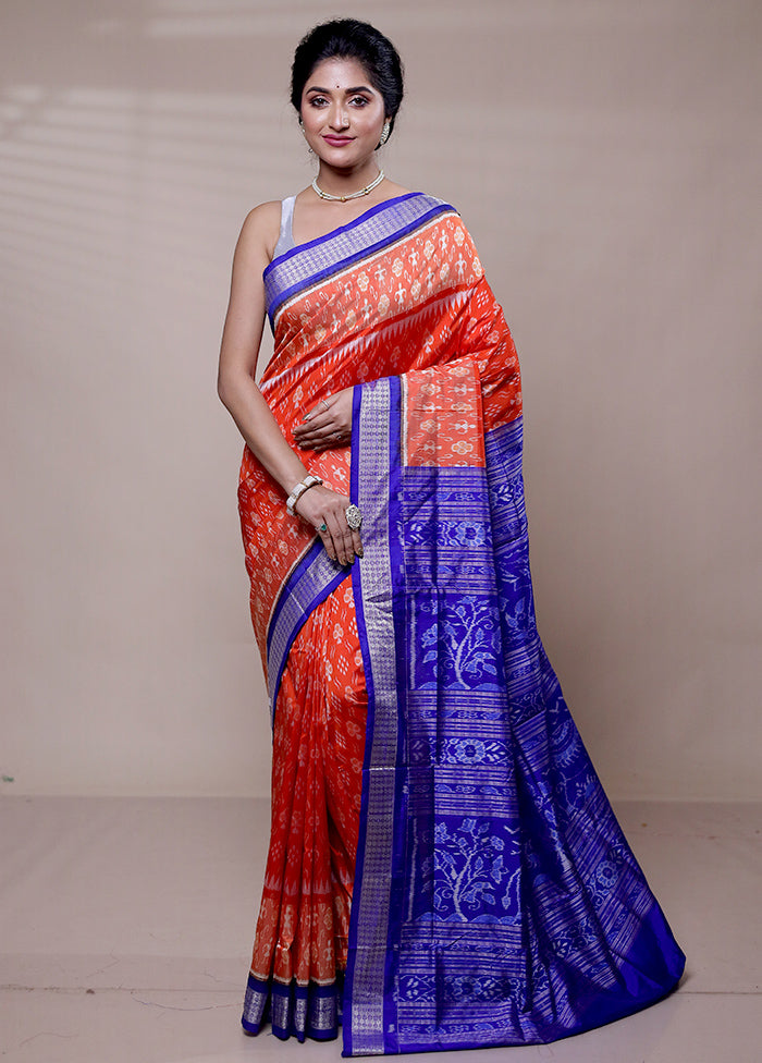 Orange Handloom Bomkai Pure Silk Saree With Blouse Piece