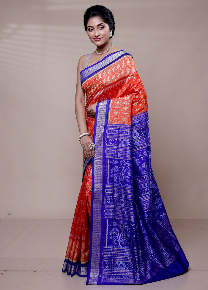 Orange Handloom Bomkai Pure Silk Saree With Blouse Piece