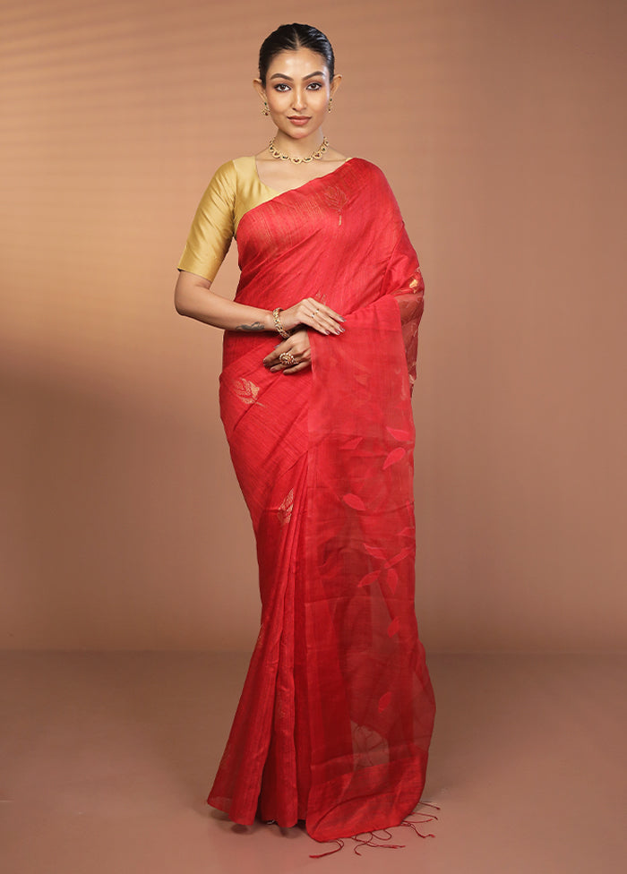 Red Handloom Matka Pure Silk Saree With Blouse Piece