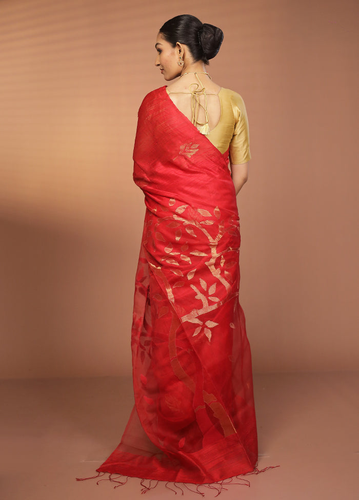 Red Handloom Matka Pure Silk Saree With Blouse Piece