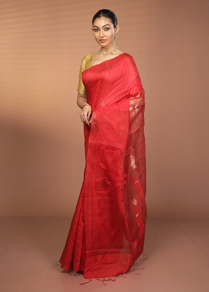 Red Handloom Matka Pure Silk Saree With Blouse Piece
