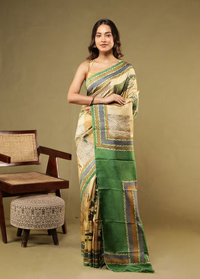 Cream Printed Pure Silk Saree Without Blouse Piece
