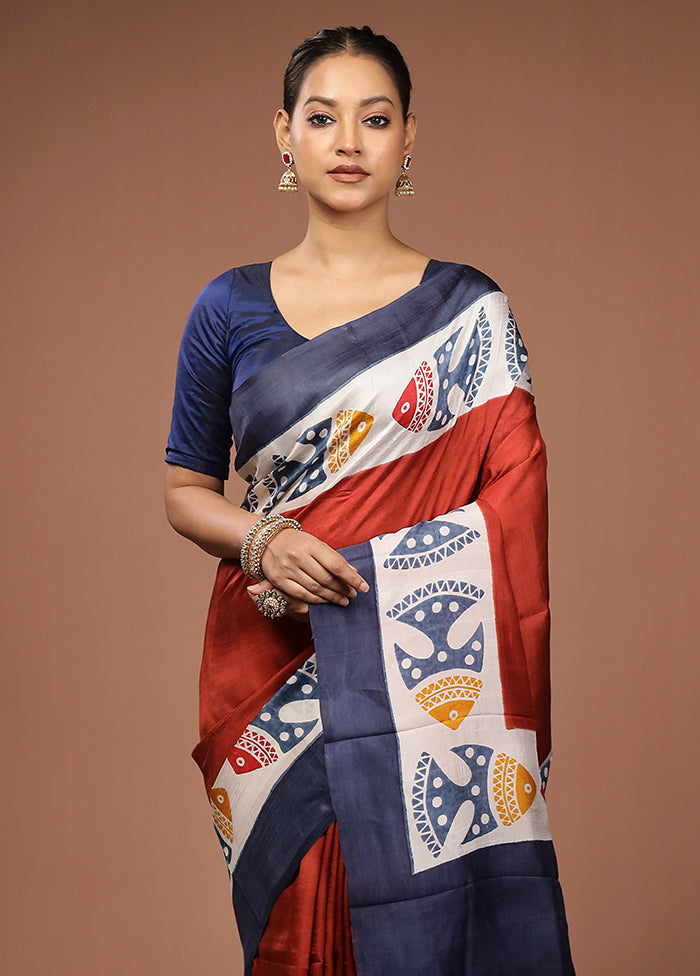 Maroon Printed Pure Silk Saree Without Blouse Piece