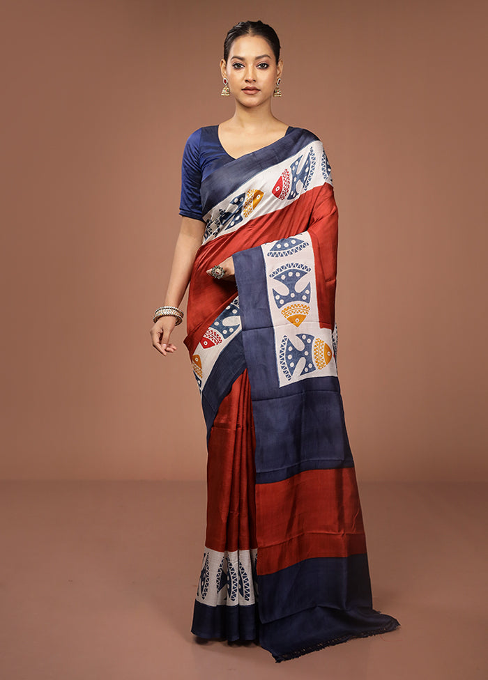Maroon Printed Pure Silk Saree Without Blouse Piece