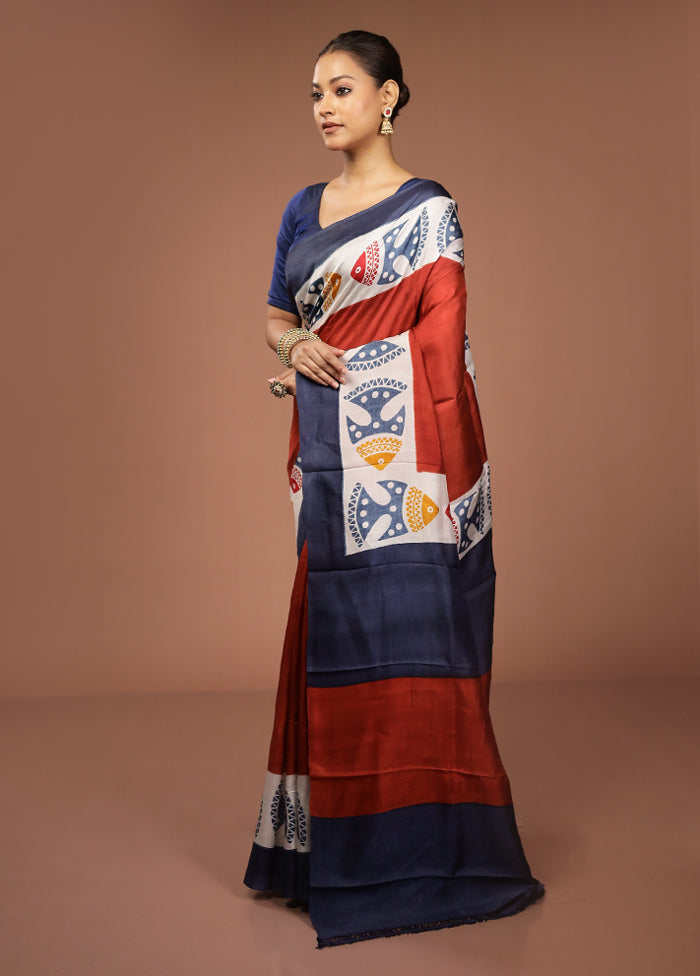Maroon Printed Pure Silk Saree Without Blouse Piece