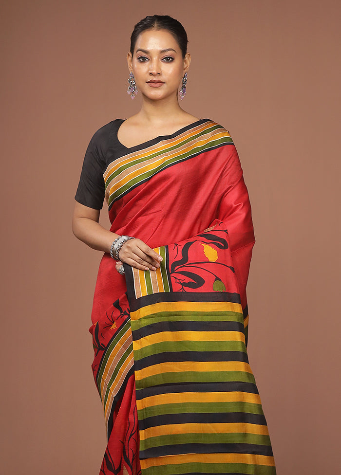 Red Printed Pure Silk Saree Without Blouse Piece