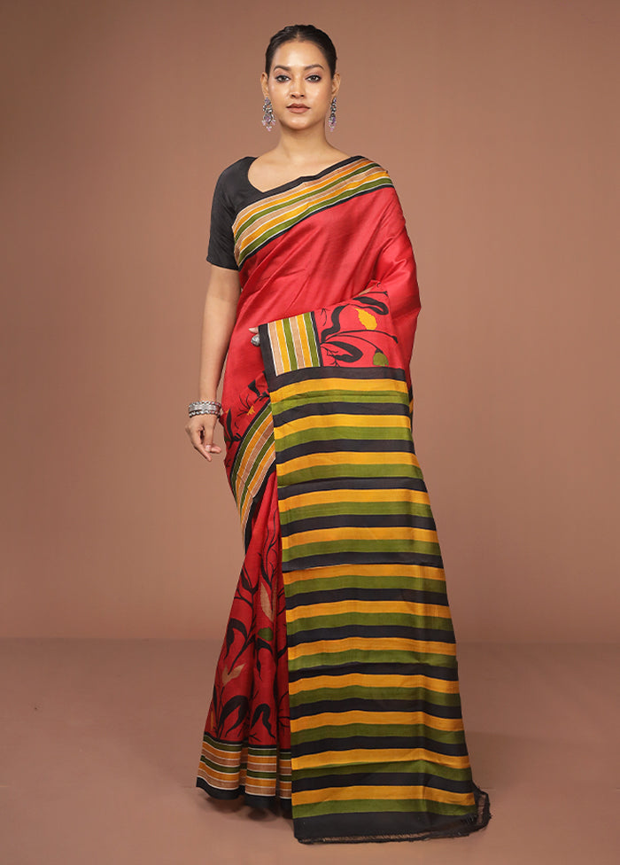 Red Printed Pure Silk Saree Without Blouse Piece