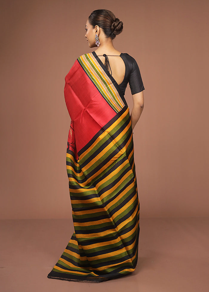 Red Printed Pure Silk Saree Without Blouse Piece
