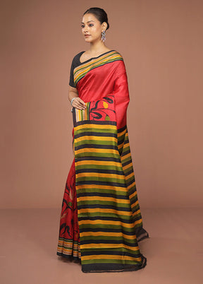 Red Printed Pure Silk Saree Without Blouse Piece