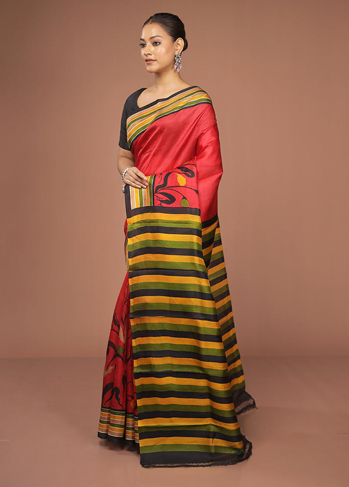 Red Printed Pure Silk Saree Without Blouse Piece