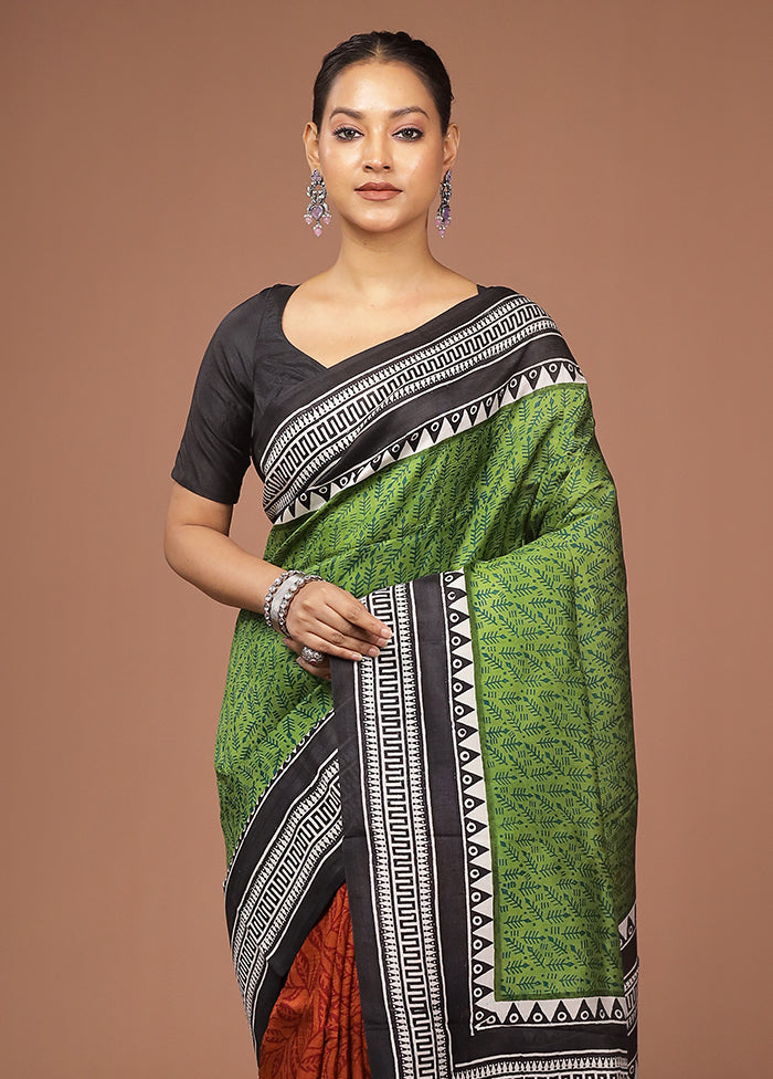Green Printed Pure Silk Saree Without Blouse Piece
