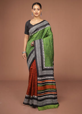 Green Printed Pure Silk Saree Without Blouse Piece