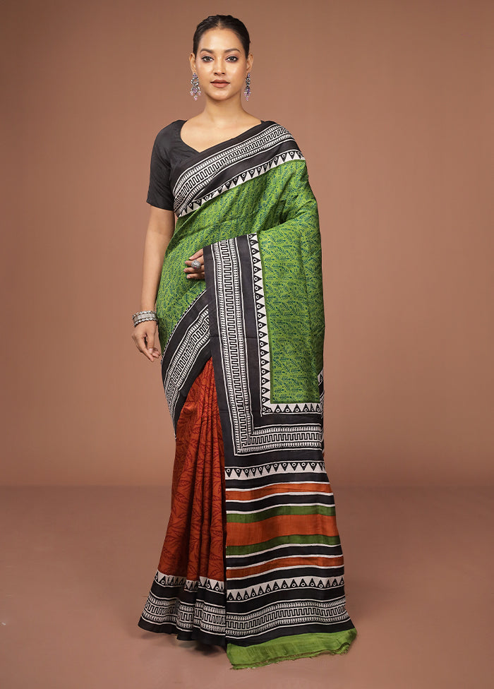 Green Printed Pure Silk Saree Without Blouse Piece