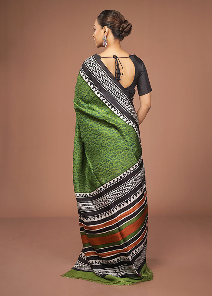 Green Printed Pure Silk Saree Without Blouse Piece