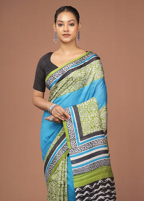 Blue Printed Pure Silk Saree Without Blouse Piece