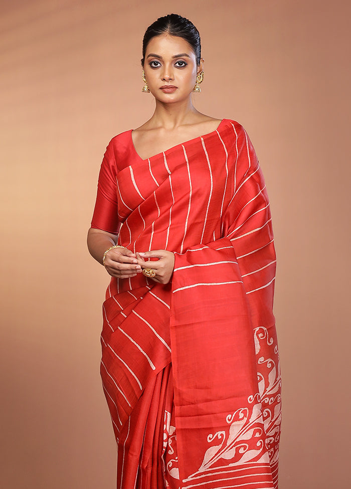 Red Printed Pure Silk Saree With Blouse Piece