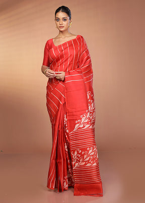 Red Printed Pure Silk Saree With Blouse Piece