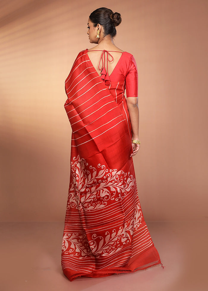 Red Printed Pure Silk Saree With Blouse Piece