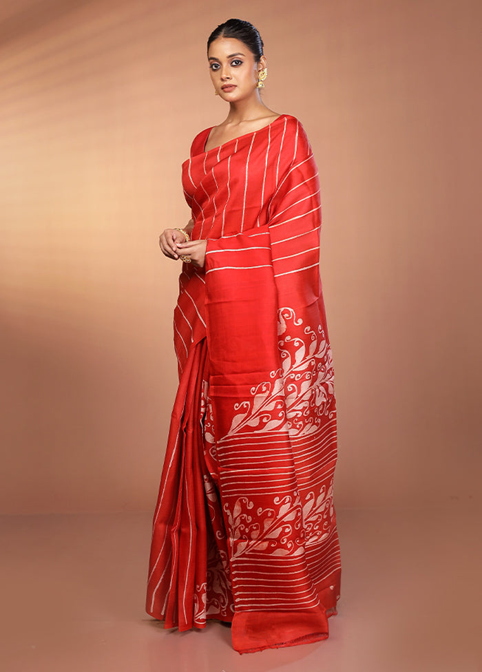 Red Printed Pure Silk Saree With Blouse Piece