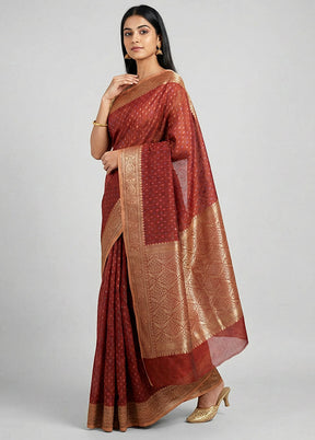 Maroon Kora Silk Saree With Blouse Piece