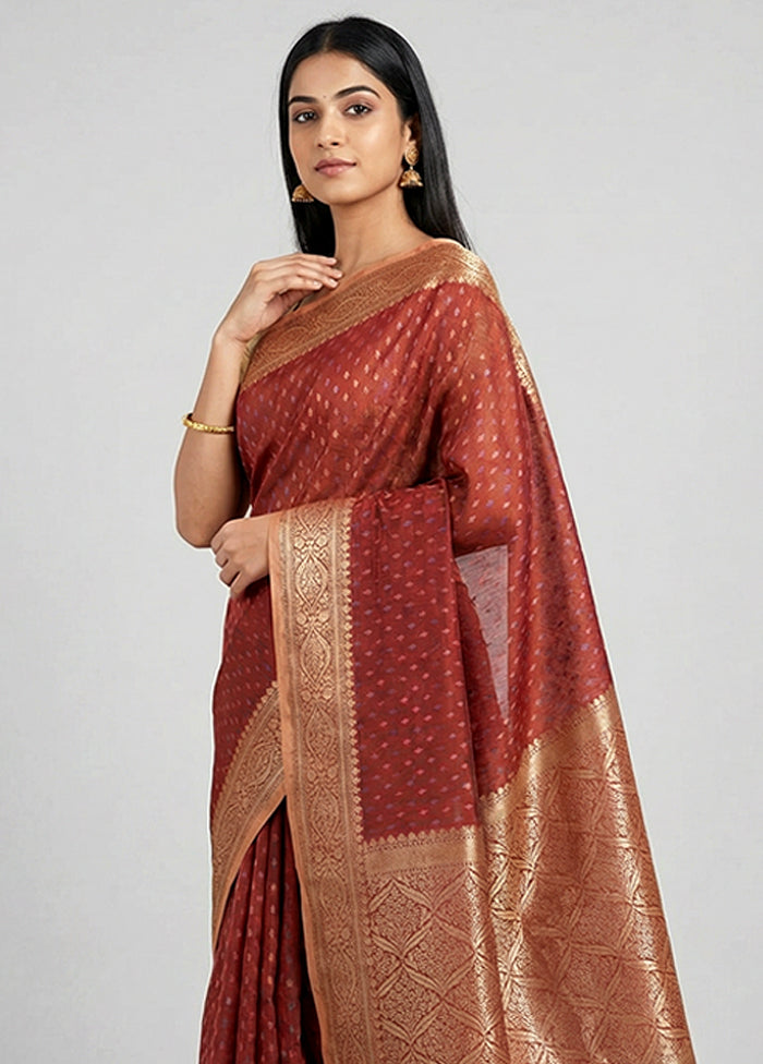 Maroon Kora Silk Saree With Blouse Piece