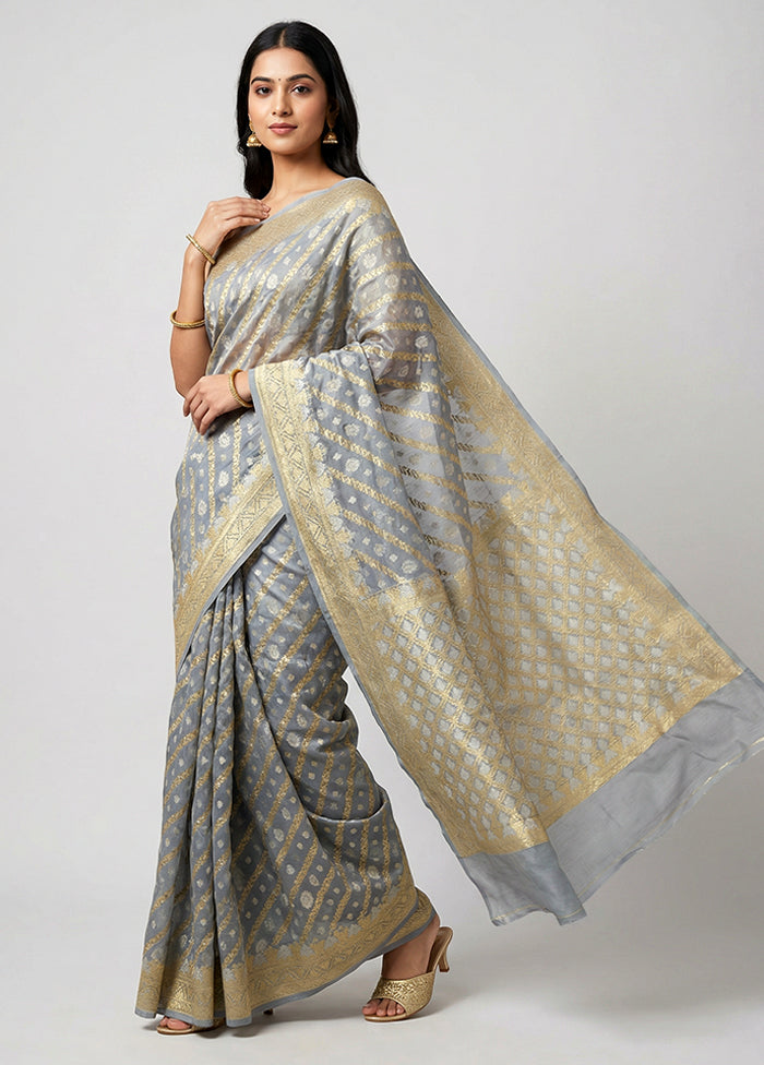 Grey Kora Silk Saree With Blouse Piece
