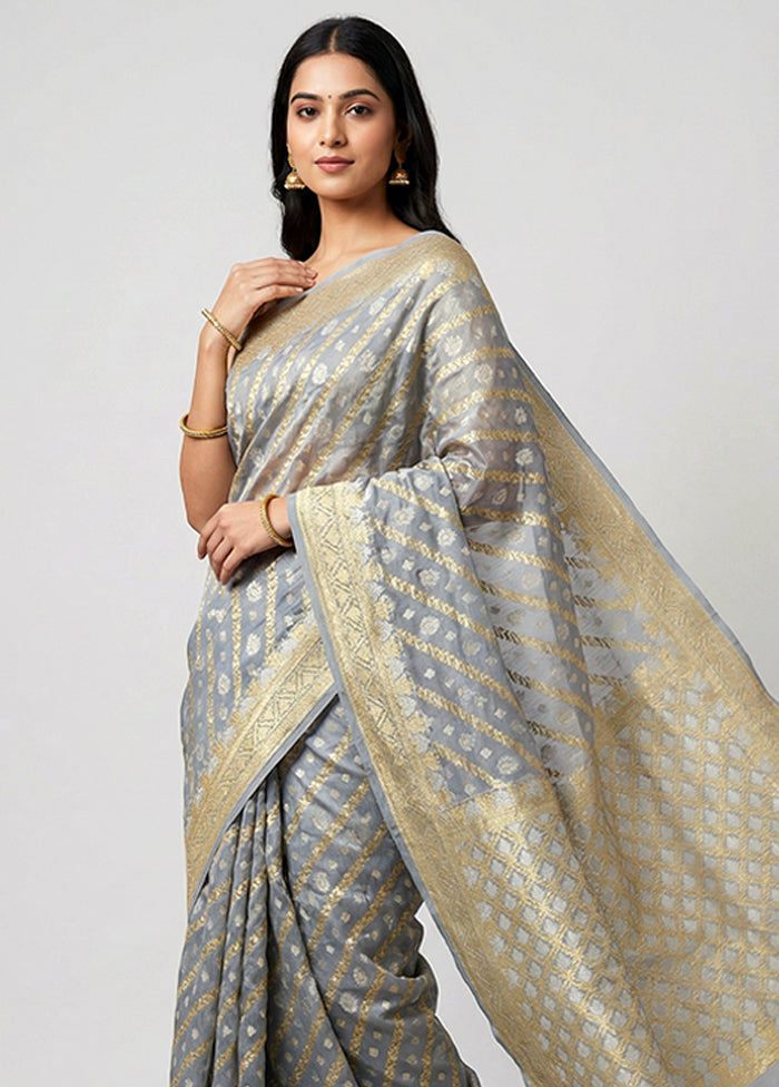 Grey Kora Silk Saree With Blouse Piece
