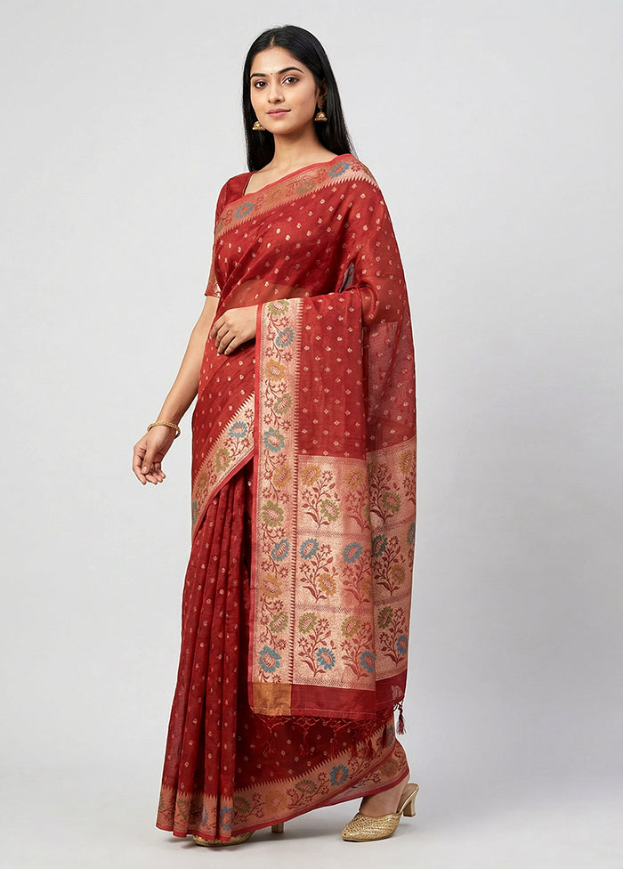 Maroon Kora Silk Saree With Blouse Piece
