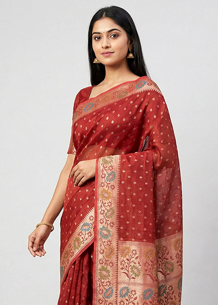 Maroon Kora Silk Saree With Blouse Piece