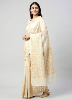 Cream Kora Silk Saree With Blouse Piece