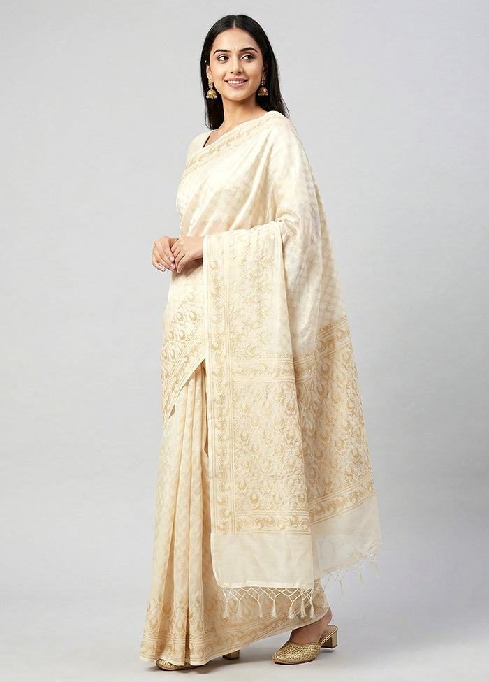 Cream Kora Silk Saree With Blouse Piece