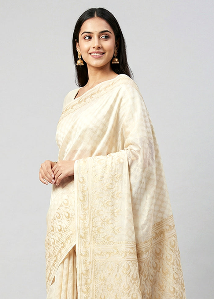Cream Kora Silk Saree With Blouse Piece