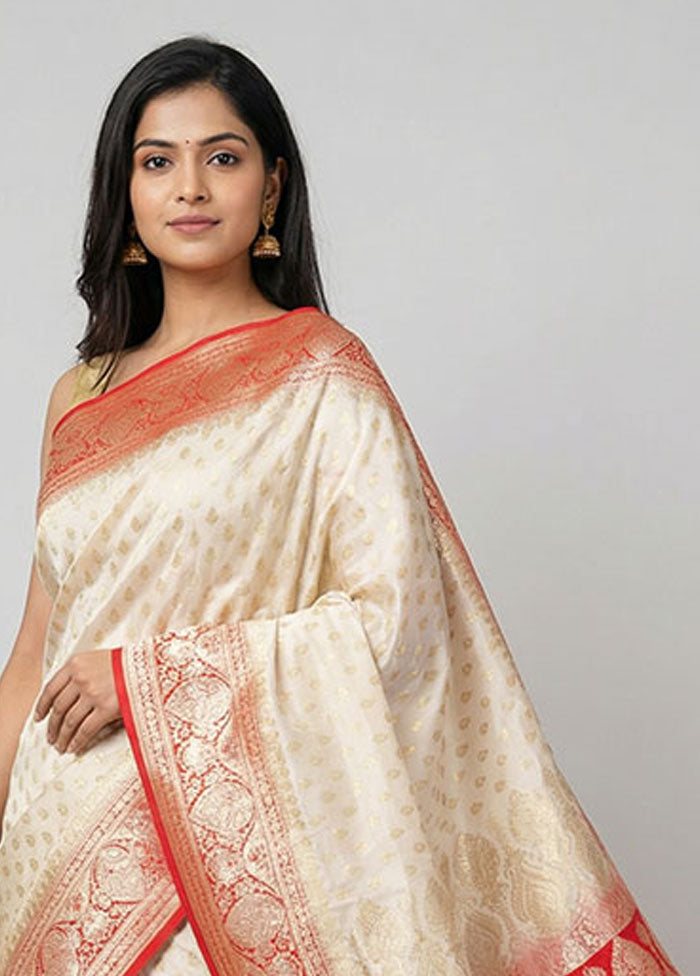 Cream Banarasi Silk Saree With Blouse Piece