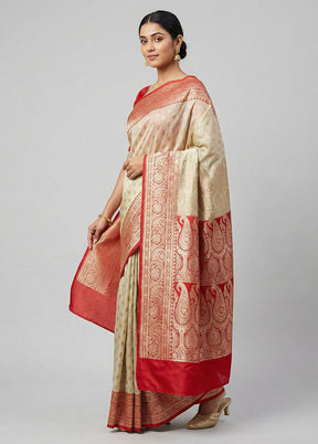 Cream Banarasi Silk Saree With Blouse Piece