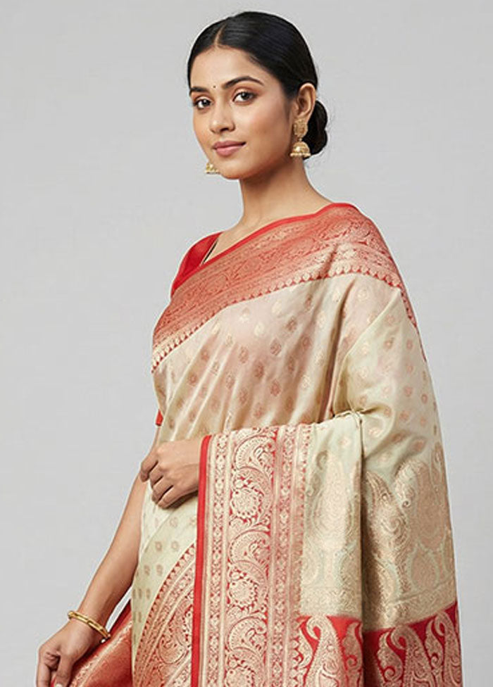 Cream Banarasi Silk Saree With Blouse Piece