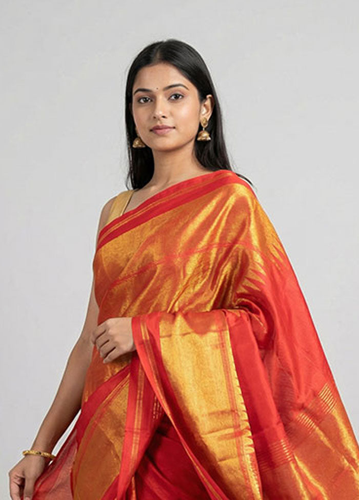 Red Handloom Kanchipuram Pure Silk Saree With Blouse Piece