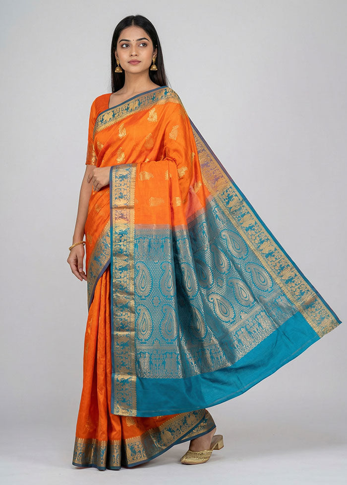 Rust Handloom Kanjivaram Pure Silk Saree With Blouse Piece