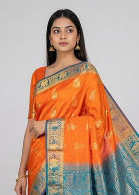 Rust Handloom Kanjivaram Pure Silk Saree With Blouse Piece