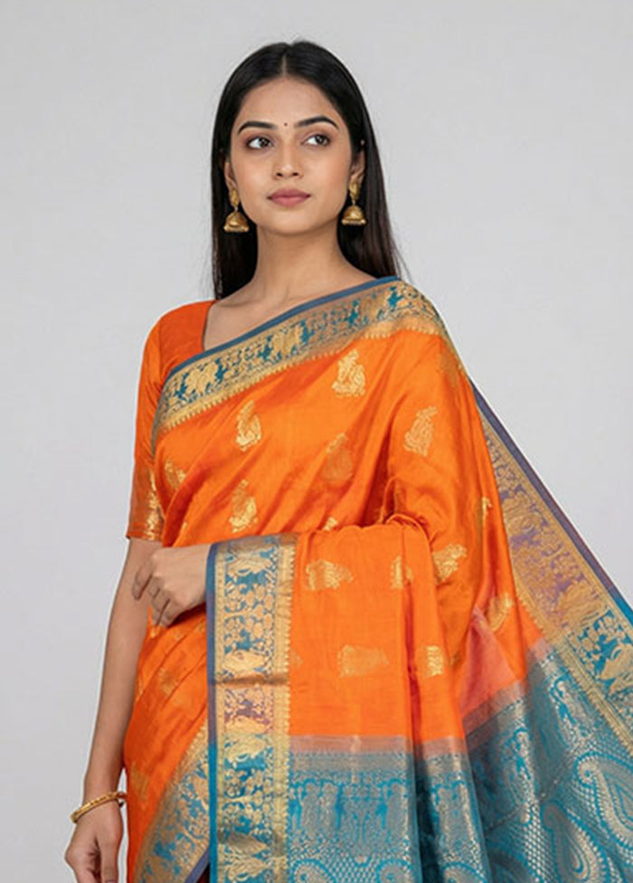 Rust Handloom Kanjivaram Pure Silk Saree With Blouse Piece