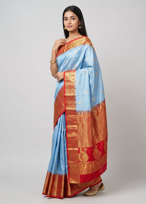 Blue Handloom Kanjivaram Pure Silk Saree With Blouse Piece